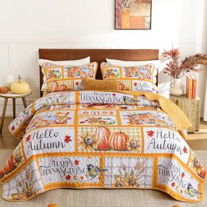 Thanksgiving Patchwork Quilt Set Turkey Pumpkin Sunflower Bedspread Set King Size-Autumn Harvest Themed Polyester Bedding Set 3 Pieces(104x90)