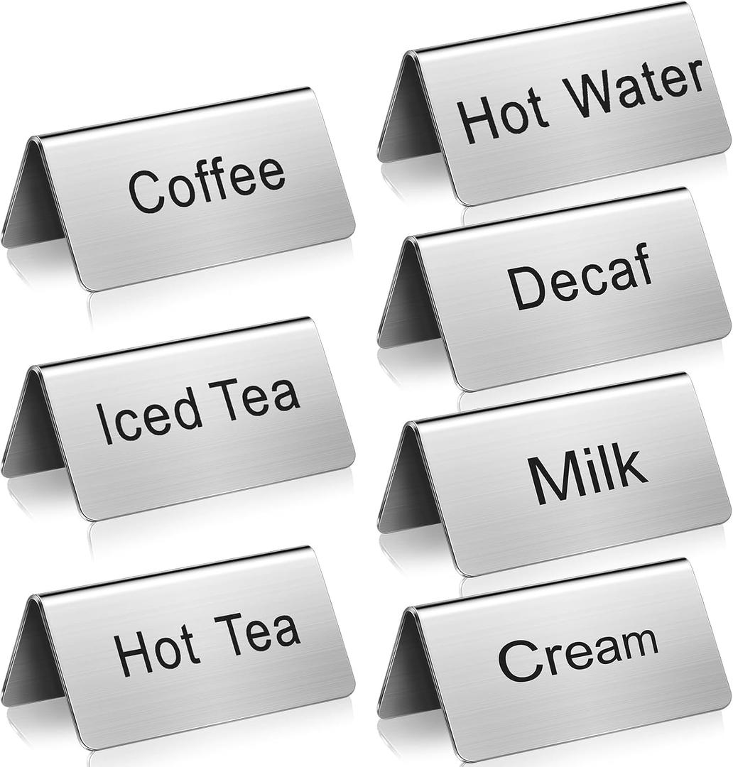 Hicarer 7 Pcs Stainless Steel Coffee Tent Signs Table Coffee and Tea Sign Table Beverage Display Signs for Party Buffet Restaurant Banquet Wedding Indoor Outdoor, 2.99'' x 1.5'', Small Signage