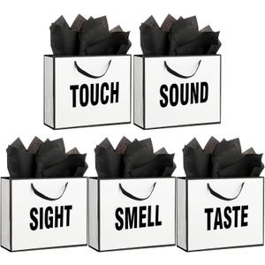 Kolldenn 5 Senses Gift Bags for Him Her Five Senses Gift Bag with Ribbon Handles and Tissue Paper Present Wrappings for Valentine Wedding Birthday Mothers Day (Black White,11.8 x 10 x 4 Inch)