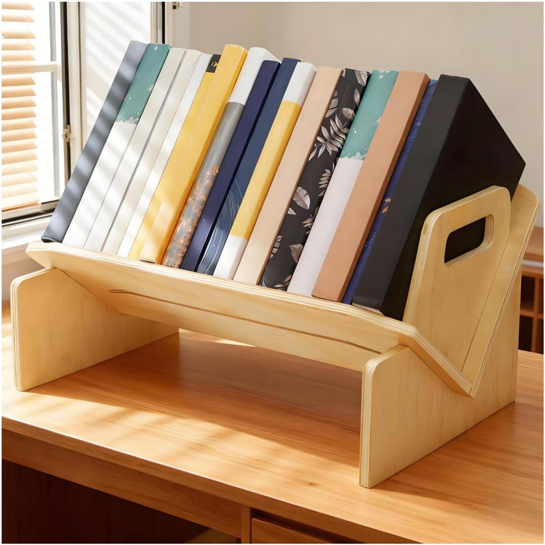 Wood Desktop Bookshelf, Tabletop Book Storage Rack Display Shelf with Handle, Tilting Office Bookcase Magazine Holder CD Rack for Office, Study Room, No Tools Required