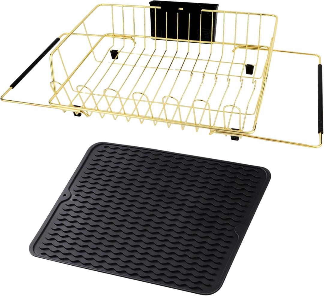 Golden Expandable Dish Drying Rack with Silicone Drying Mat-Extra Large Stainless Steel Dish Drainer Over The Sink with Utensil Holder, Applicable for Sink Width 16'-22' (Gold,23.2'*12.2')