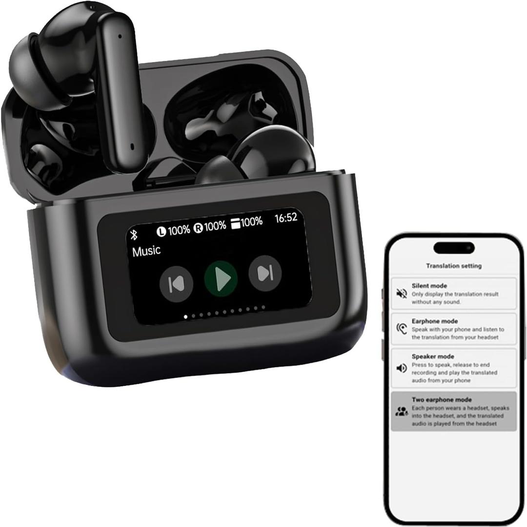Wireless Bluetooth AI Translation Earbuds with Touch Screen Case Support 150 Languages Smart Translating Headphones Real Time ANC Noise Cancelling Translator Ear Buds for iPhone Android Work Travel (Black)
