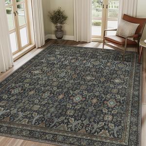 9X12 Washable Area Rug for Living Room, Vintage Boho Non-Slip, Black
