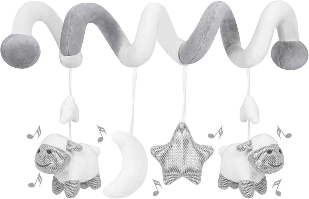 Promise Babe Hanging Car Seat Toys, Stroller Mobile Crib Bar with Bell, Baby Activity Spiral Plush Toys for Boys and Girls (Sheep, Gray)