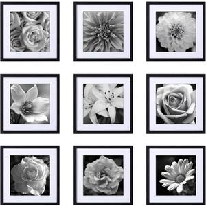 Eletecpro Picture Frames Set of 9, 16x16 in, Acrylic Cover, Black | Display Photo 12x12 with Mat or 16x16 without, Square Gallery Collage, Wall Mount, Minimalist Home Decor, Engineered Wood