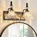 Vintage Bathroom Vanity Light, 2-Light Black Vanity Lighting Fixture with Flower Glass Shade, Bathroom Lighting Fixtures Over Mirror