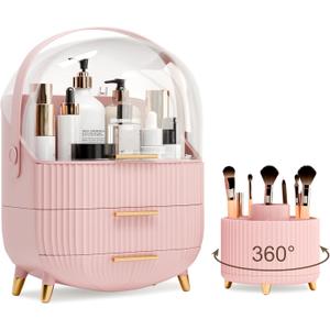 Makeup Organizers and Storage Make up Organizer for Vanity Cosmetics Skincare With Lid and Drawers Display Cases for Countertop Bathroom Women Teenager Girl Gifts(Pink+Brush Holder)