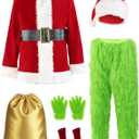 Christmas Costume for Men Adult Santa Claus Suit 7PCS Green Furry Monster Deluxe Xmas Halloween Cosplay Outfit