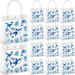 Tenceur 24 Pcs Under the Sea Party Favor Bags Sea Animals PVC Clear Ocean Gift Bags with Handle Ocean Animals Shark Theme Goodies for Birthday Baby Shower Supplies Candy Snack Treat Wrapping