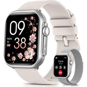 Smart Watches for Fitness Women Men : Smart Watch for iPhone&Android Bluetooth Call with 30 Day Life Sleep for SpO2 Heart Rate Monitor, IP68, Fitness Tracker with 120+Sport, Reloj Inteligente, 2 Bands (Argent)