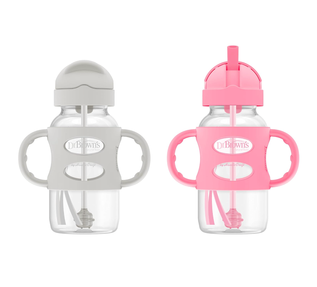 Dr. Brown's Milestones Wide-Neck Sippy Straw Bottle, Spill-Proof with 100% Silicone Handles and Weighted Straw, 9 oz/270 mL, Gray & Pink, 6m+, 2-Pack