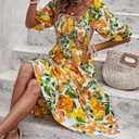 PRETTYGARDEN Women's Summer Casual Dresses 2026 Spring Puff Sleeve Square Neck A Line Flowy Boho Floral Smocked Midi Dress (L)