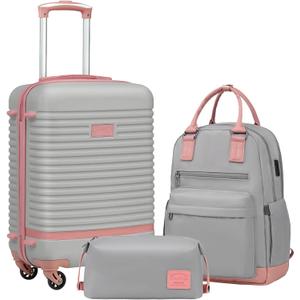 Coolife Suitcase Set 3 Piece Luggage Set Carry On Travel Luggage TSA Lock Spinner Wheels Hardshell Lightweight Luggage Set(Gray+Pink, 3 piece set (BP/TB/20))