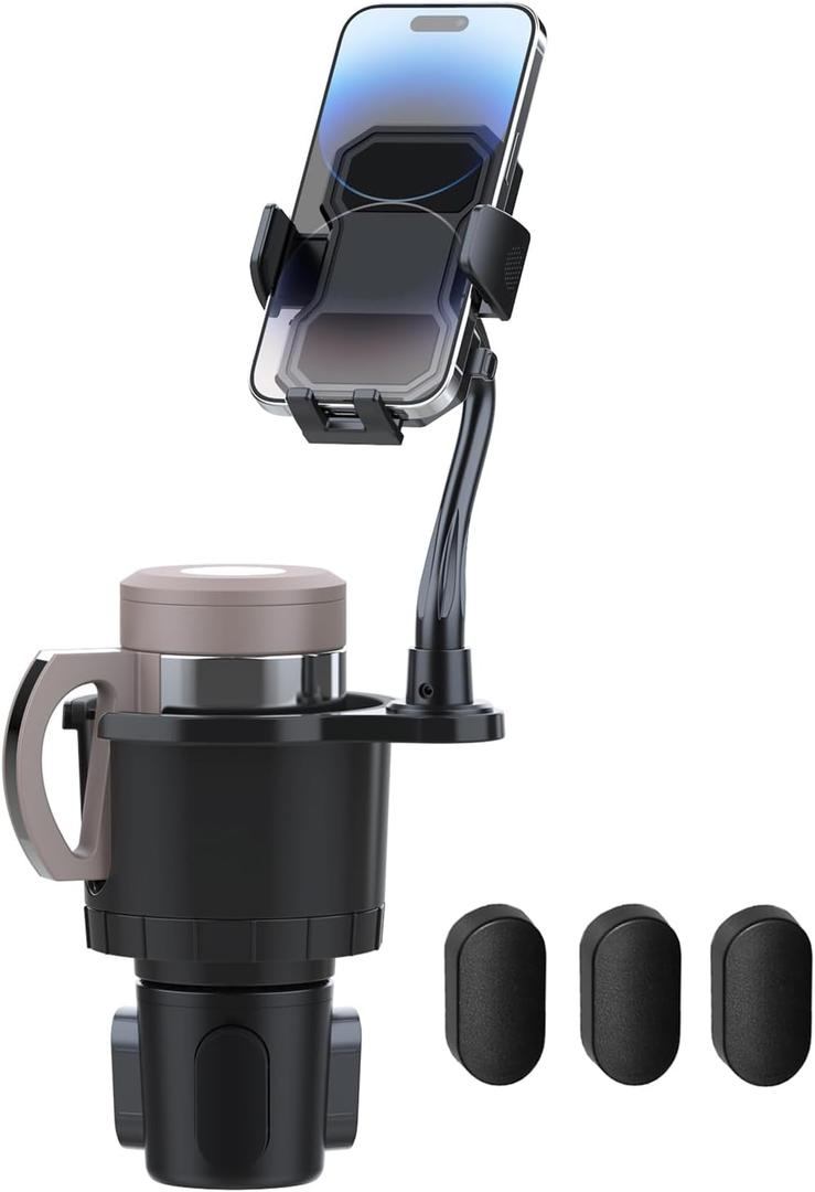 Belinous Car Cup Holder Expander with Phone Holder, 2 in 1 Car Phone Mount & Cup Holder Adapter with Adjustable 360° Rotation Gooseneck, U-shaped Handle Slot, Fits for iPhone, Samsung, Drinking Bottle