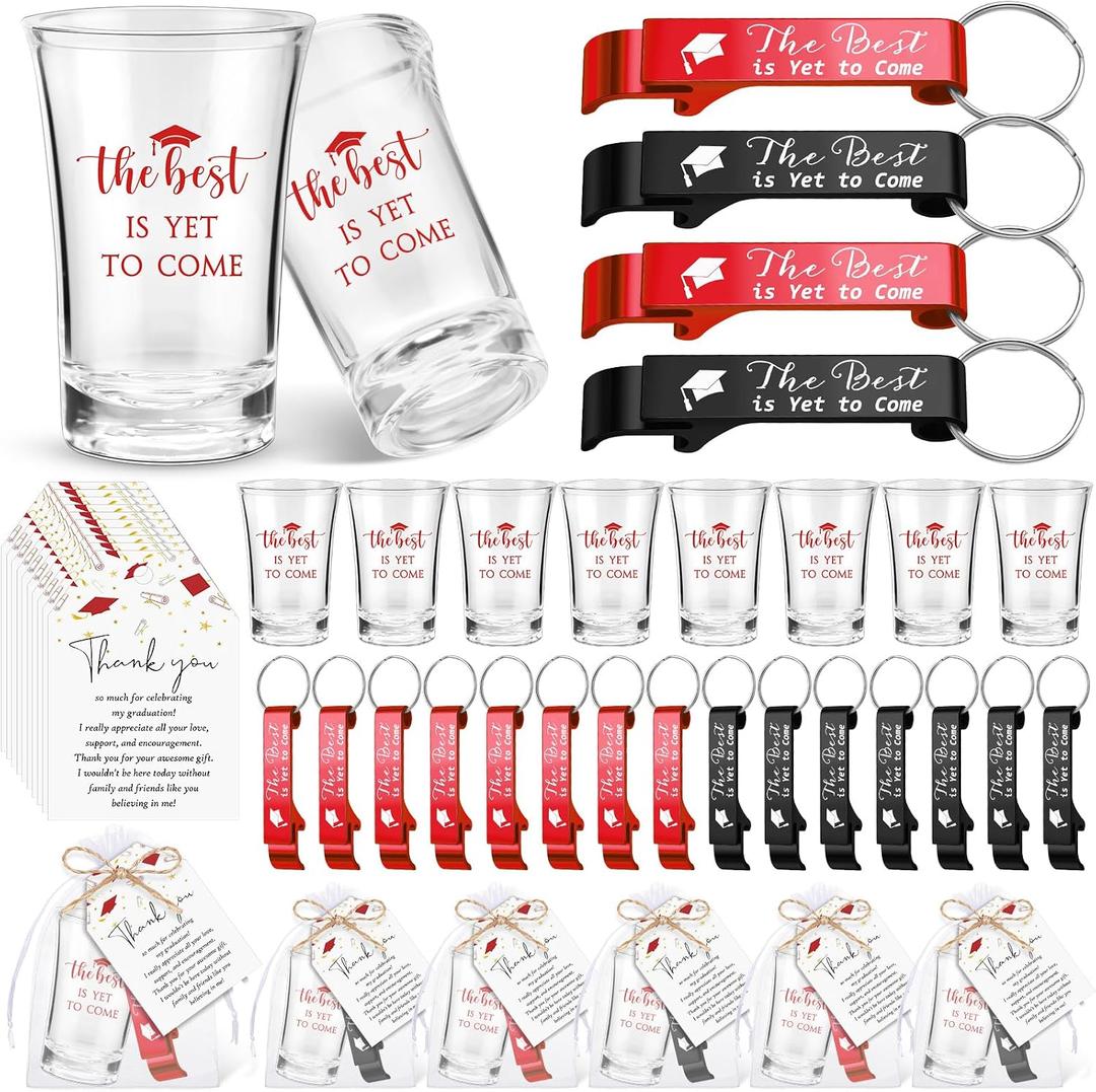 25 Sets Graduation Party Favors the Best Is Yet to Come Acrylic Shot Glasses Bottle Opener Keychain Thank You Card Bulk Grad High School College for Guests Souvenir Gifts (Red)