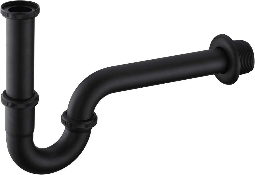 Brass P Trap, 1 1/4 Bathroom Basin Sink Waste Trap Drain Kit with Flange and Slip Joint Extension Tube Drain Tailpiece, Adjustable Height, Matte Black
