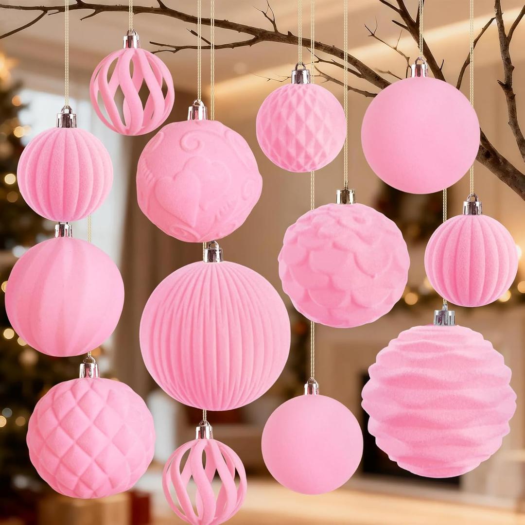 18Pcs Velvet Christmas Tree Ornaments Set, Pink Flocked Hanging Christmas Balls Ornaments, Shatterproof Decorative Hanging Balls Decorations Assortment for Xmas Tree Holiday Home Party Decor