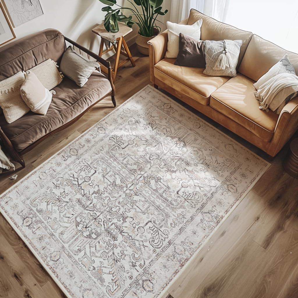 jinchan Machine Washable Area Rugs 4x6 - Vintage Floral Stain Resistant Low Pile Ultra-Thin Non Slip Accent Rug for Bedroom Living Room Kitchen Dining Room Entryway (4x6ft,Taupe)