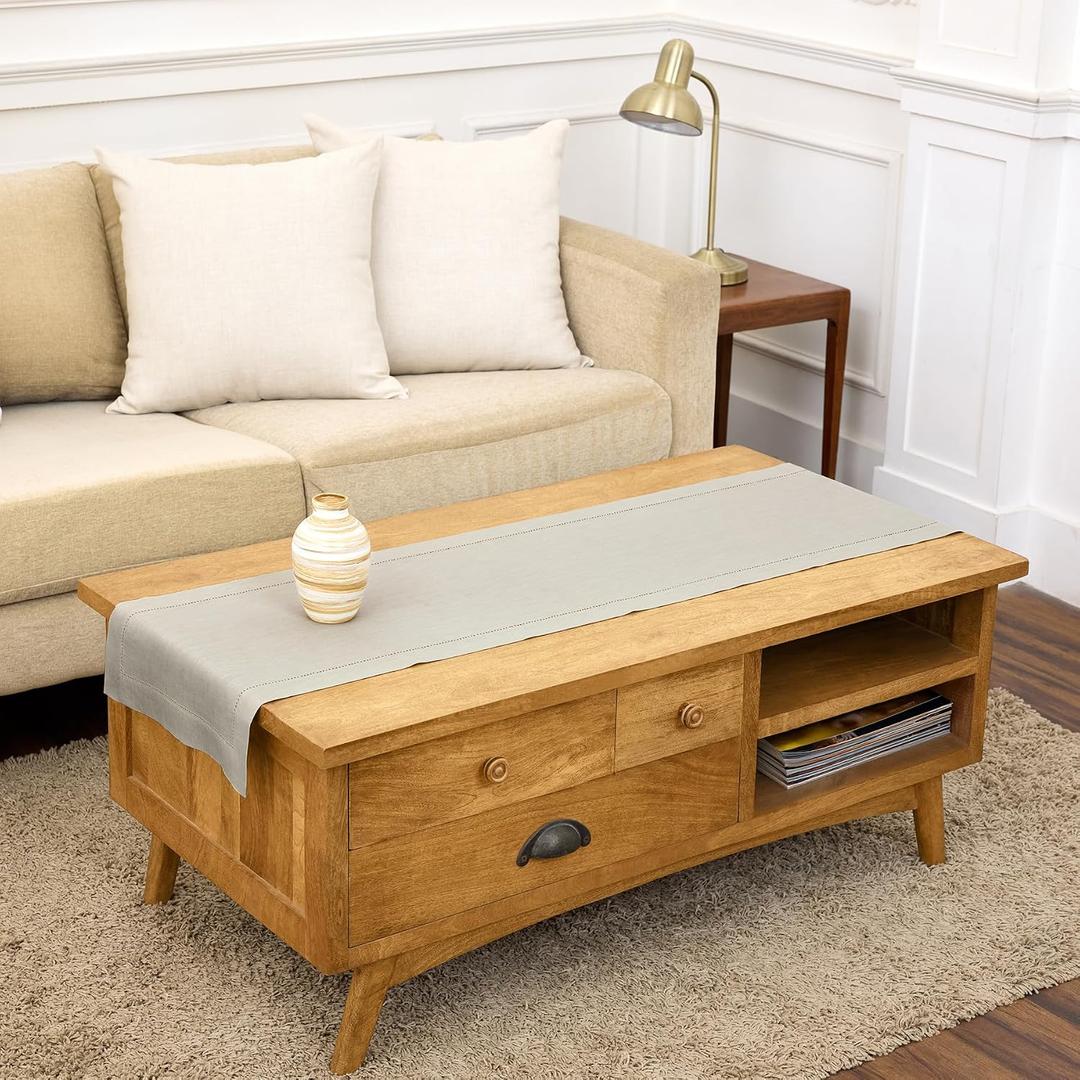 Solino Home Linen Light Natural Table Runner 60 Inches - Classic Hemstitch, 100% Pure Linen Coffee Table Runner 14 x 60 Inch Ideal for Dresser Tables - Spring, Summer, Mothers Day