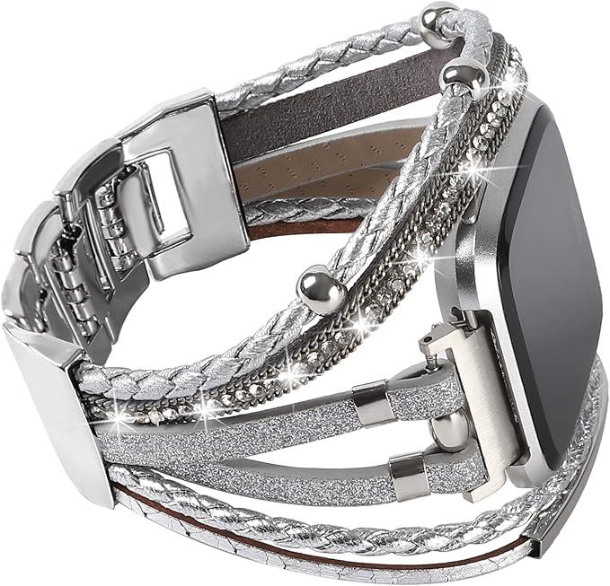 Posh Leather Bands Compatible with Fitbit Versa/Fitbit Versa Lite/Fitbit Versa 2 Bands for Women, Handmade Multilayer Wrap Bracelets Jewelry Strap Wristband for Fitbit Versa Smart Watch