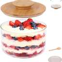 141oz Trifle Bowl with Lid, High Borosilicate Glass Serving Bowls with Lids & Bamboo Cover, 2-in-1 Pedestal Salad Bowl & Trifle Dish, 20 Forks & Plates Included for Party