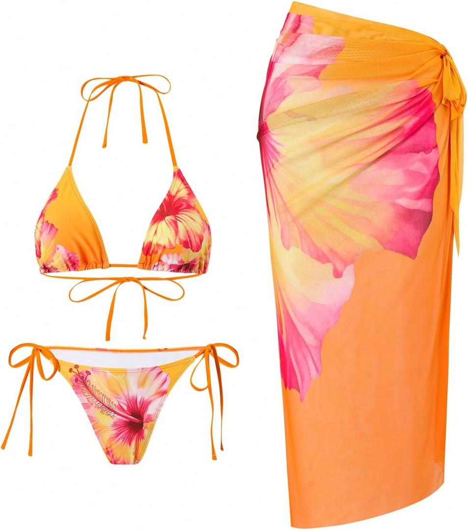 ZAFUL Women's 3 Piece Swimsuit Floral Halter Triangle String Bikini Tie Side Bottom with Boho Cover Up Skirt (10-orange), Size M