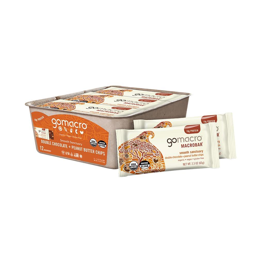 GoMacro MacroBar Organic Vegan Protein Bars - Double Chocolate + Peanut Butter Chips (2.3 Ounce Bars, 12 Count) (EXP 12/26/27)
