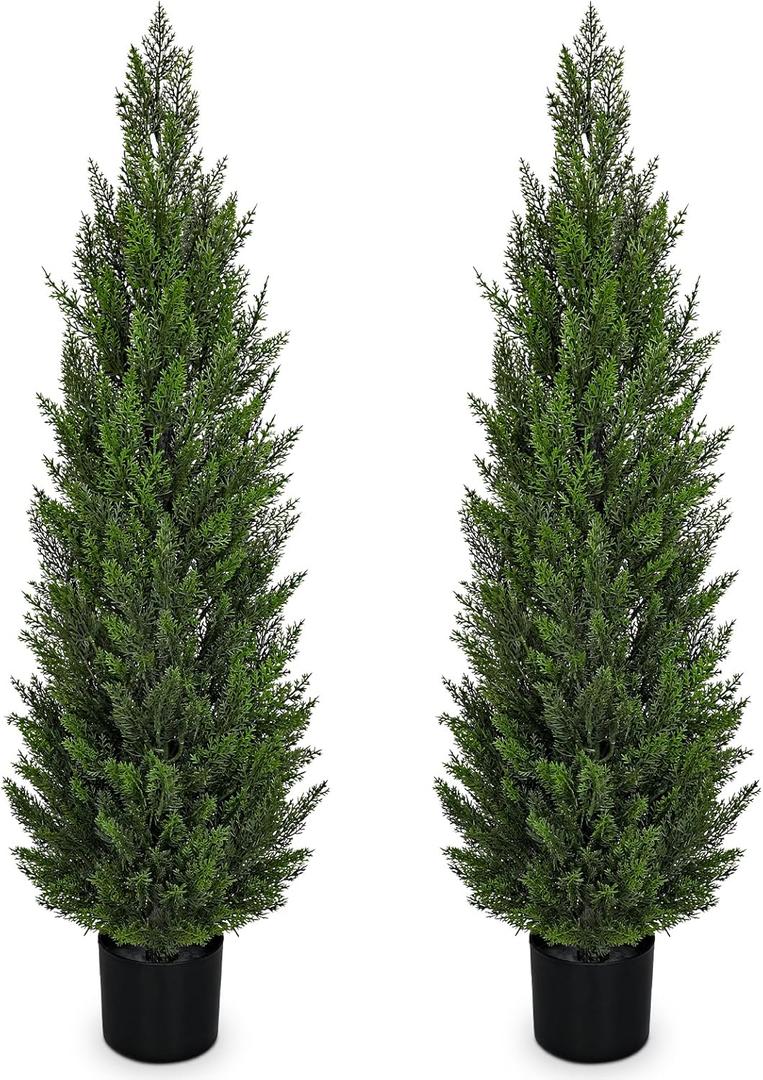 Briful 4FT Artificial Cedar Topiary Trees for Outdoor Set of 2, UV Resistant Faux Cedar Plants in Pot for Front Door Porch Entryway, Indoor Outdoor Decorative Greenery, Fake Shrubs for Home Patio