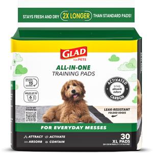Glad for Pets Extra Large Charcoal Training Pads for Dogs and Puppies, Activated Carbon Odor Control, 6-Layer Absorbent Leak-Proof Pee Pads with Pheromone Attractant, 28 x 30 in, 30 Count