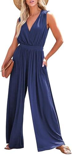 Dokotoo Sleeveless Jumpsuit Wrapped V Neck Elegant for Womens Dressy Casual 2025 One Piece Romper Outfits, Large