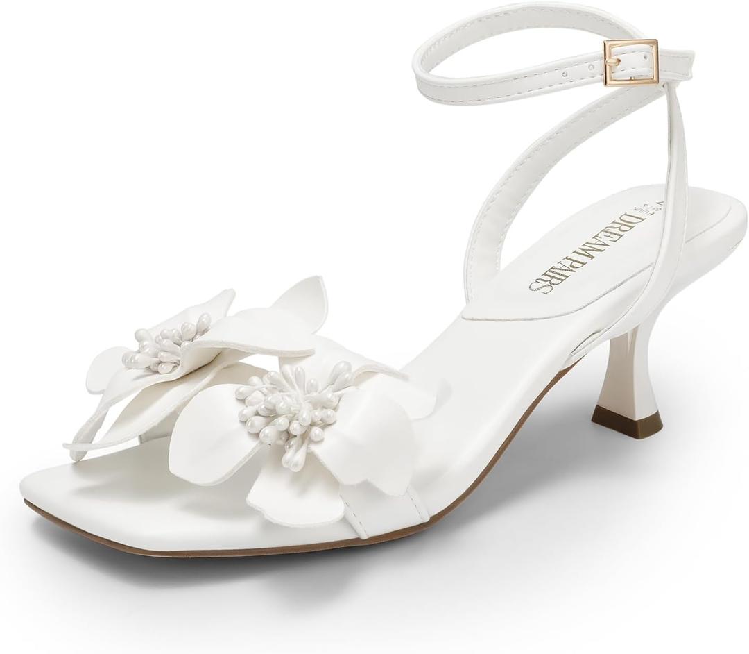 DREAM PAIRS Women's Flower Wedding Heels Cute Square Toe Slingback Low Kitten Heels Sandals with Ankle Strap (6, White-pu)