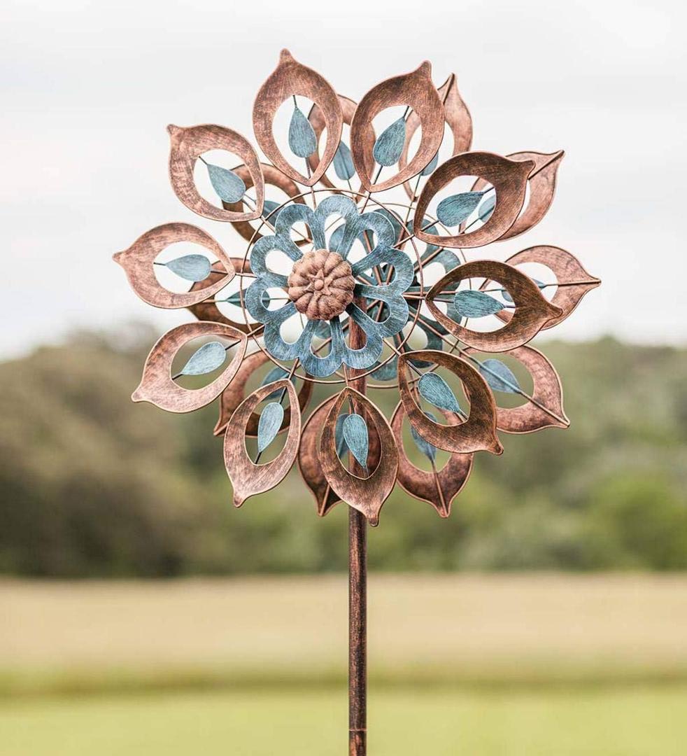 Mesmerizing Copper Lily Wind Spinner Dual-Tone | Petal-in-Petal Design | Independent Rotors | Brushed Copper & Antique Blue |All Seasons | 24" Wx75 H
