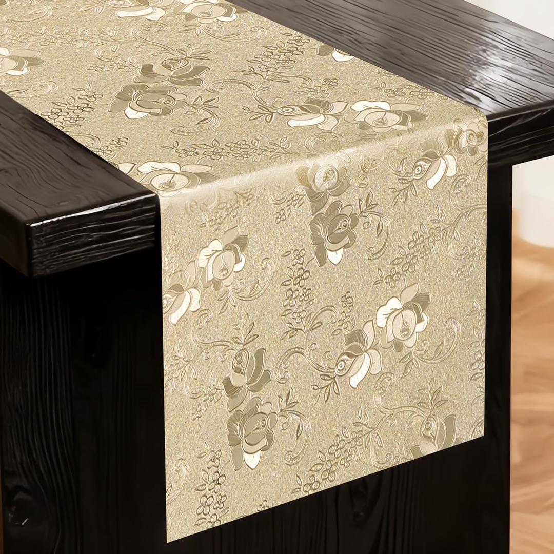 FAVE Gold Table Runner for Rectangle Tables, 72 Inch Heat Resistant Runner with Flower, Waterproof, Stain Resistant, Reusable for Daily Use Parties and Banquet(Golden