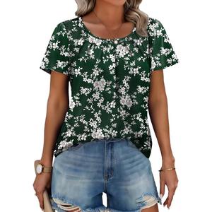 Zeagoo Women's Summer Tunic Tops Short Sleeve Floral Boho Casual T Shirts Pleated Crewneck Flowy Relax Fit Soft Blouses, Large