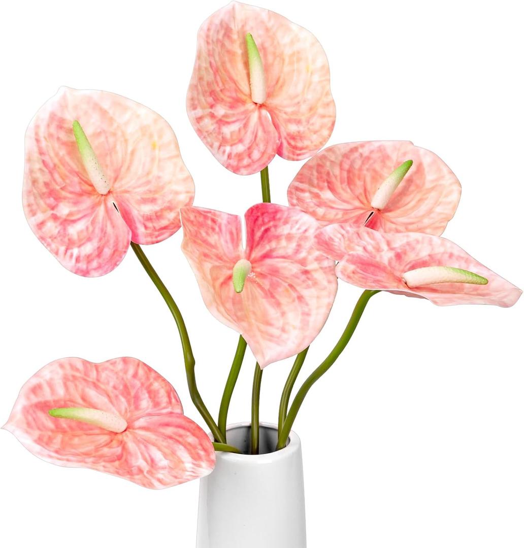 8PCS 22.8inch Anthurium Artificial Flowers Pink Faux Silk Anthurium Real Touch Flower Faux Floral Arrangement for Vase Table Centerpieces Wedding Garden Home Decoration (Pink) (Vase Not Included)