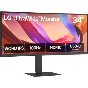 LG 34U650A-B 34-inch UltraWide WQHD (3440 x 1440) IPS Curved Wide Computer Monitor, 100Hz, HDR10, Built-in Speaker, HDMI, DisplayPort, USB Type-C PD 96W, Tilt/Height/Swivel Adjustable Stand, Black