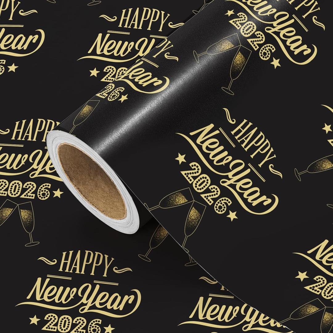 WRAPAHOLIC New Year Wrapping Paper Roll - Mini Roll - 17 Inch x 16.5 Feet - Black and Gold Happy New Year 2026 Design for New Year's Eve, Christmas, Holiday, Party