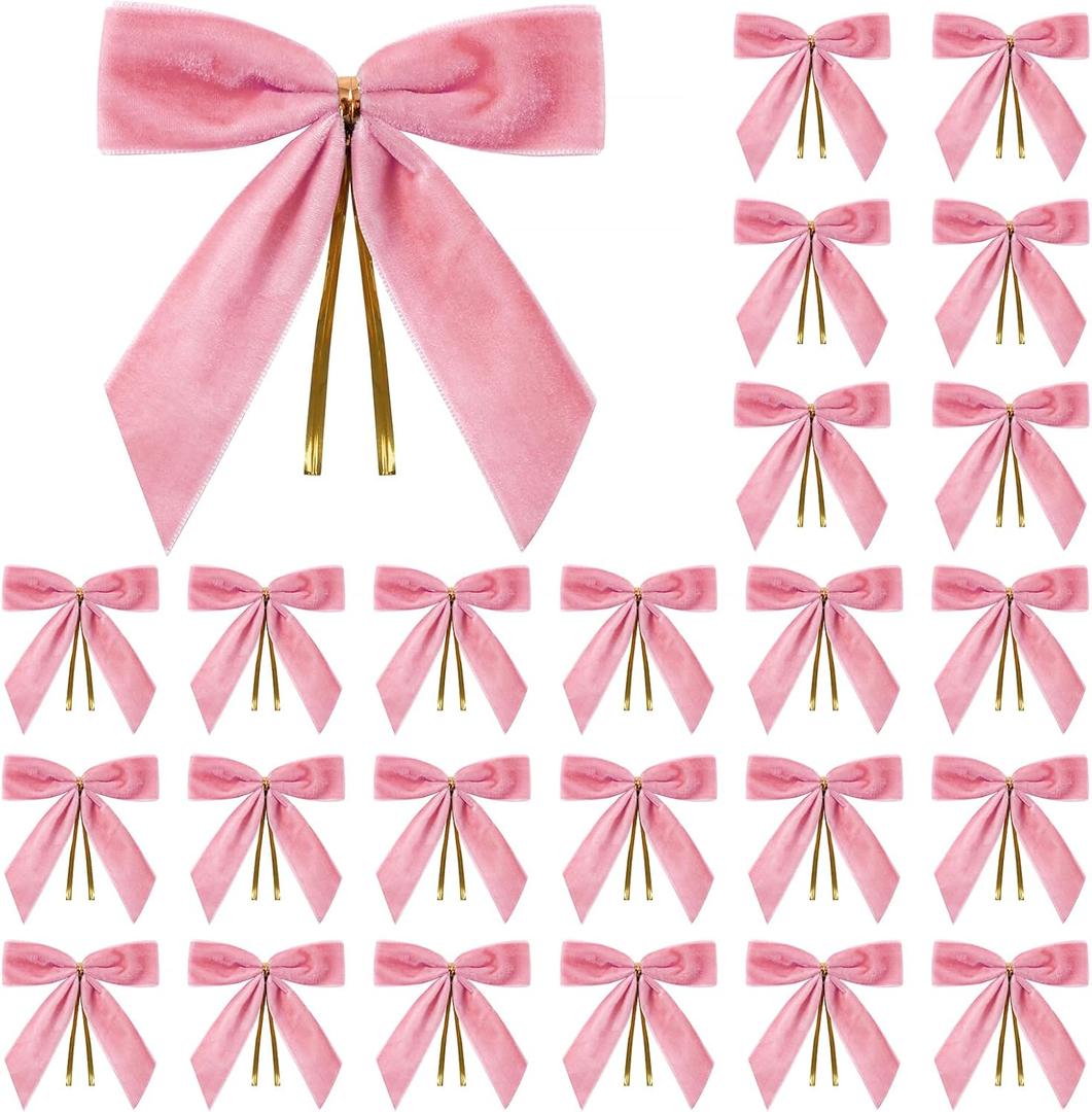 24 Pcs Pink Small Velvet Christmas Bows for Christmas Tree, Wreath, Gift Wrapping, Crafts, Wedding, Party, Twist Tie Bows for Treat Bag Bakery Candy Bags, Home Decor 1" W,3.5 x 3.5 inch