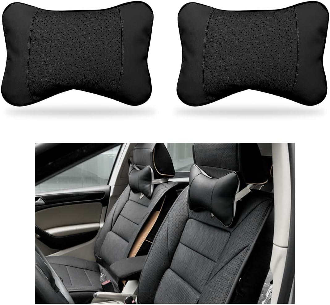 DXNQ 2PCS Car Neck Pillow, Soft Leather Headrest Pillow for Car Support Neck, Breathable Ergonomic Neck Support Relief Cushion for Driving with Adjustable Strap, Universal Car Accessories (Black)