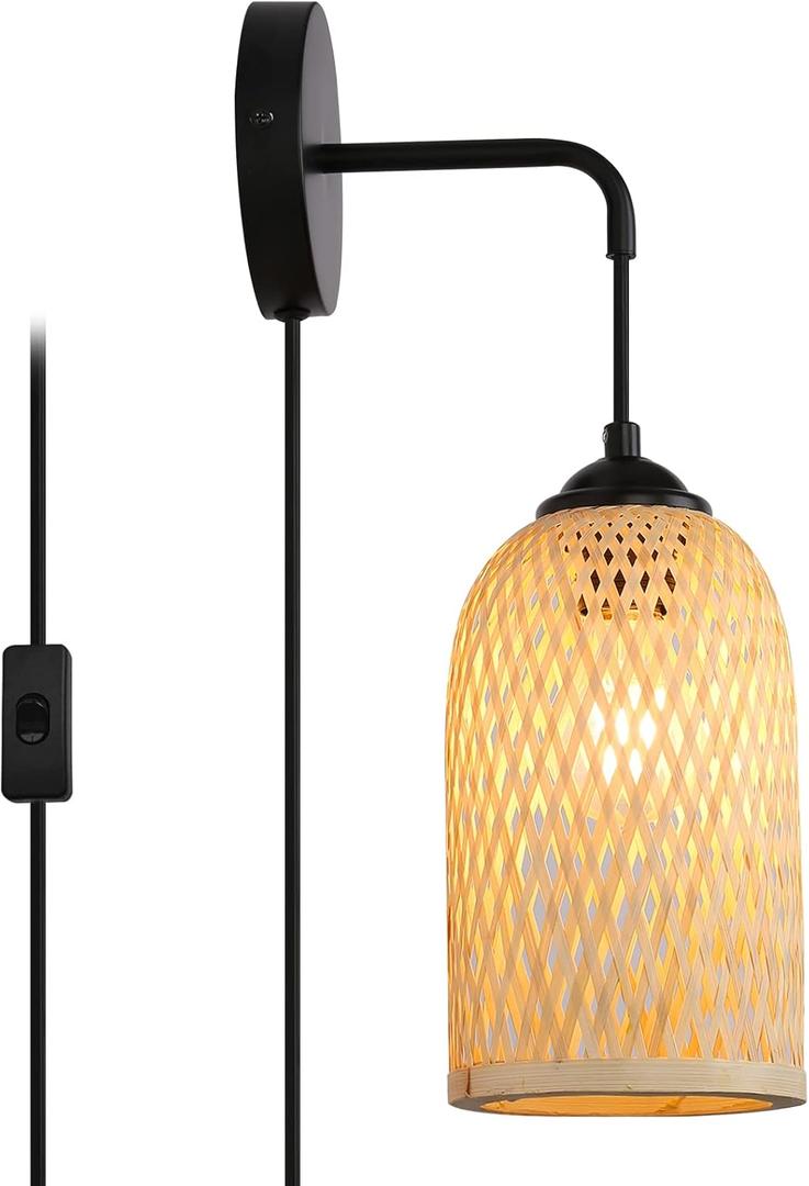Wicker Wall Lamps with Switch for Living Room, Contemporary Plug in Cord Wall Sconces Rattan Bamboo Hanging Mounted Metal Fixture E26 Lights for Bedrooms Living Room(Excluded Bulb), Bulb Size: Diameter 14 cm/5.51 inches;Lampshade Height:22.5cm/8.86inches; Cable Length: 160 cm/62in Wicker Wall Lamps with Switch for Living Room, Contemporary Plug in Cord Wall Sconces Rattan Bamboo Hanging Mounted Metal Fixture E26 Lights for Bedrooms Living Room(Excluded Bulb), Bulb Size: Diameter 14 cm/5.51 inches;Lampshade Height:22.5cm/8.86inches; Cable Length: 160 cm/62in
