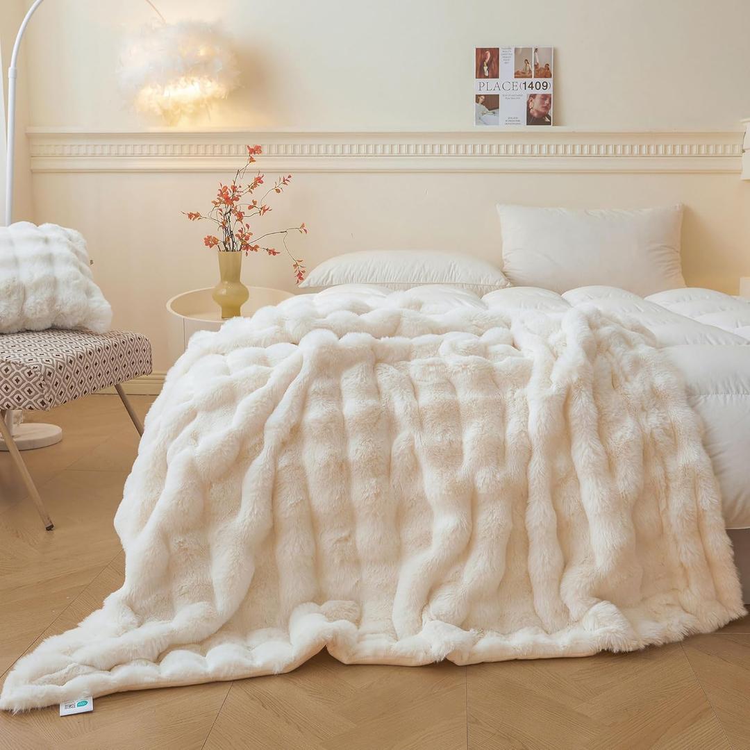 LIFEREVO Luxury Fluffy Faux Rabbit Fur Throw, Plush Fuzzy Bubble Blanket for Couch Sofa, Soft Cute Furry Bed Blanket Home Decoration, Shaggy Ivory Throw for Bedroom Living Room Office, 50x60, Beige