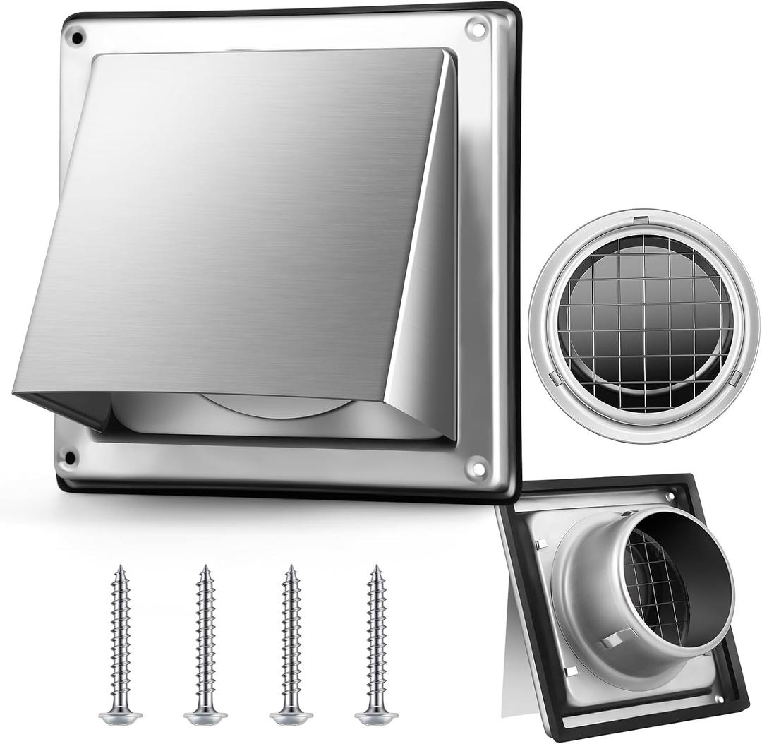 Gisafai 4'' Dryer Vent Cover Outside Walls External Extractor Fan Exhaust Vent Cap Stainless Steel Hood Cushioned Non Return Flap with Sealing Gasket Grille Screen(Silver)