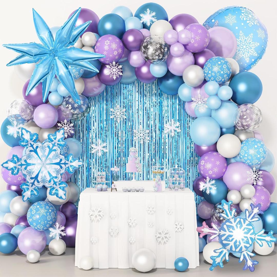 Amandir 162PCS Snow Birthday Party Supplies, Snow Balloon Garland Arch Kit Fringe Curtain Blue Purple Snowflake Confetti Balloons Princess Winter Wonderland Girl Baby Party Decorations