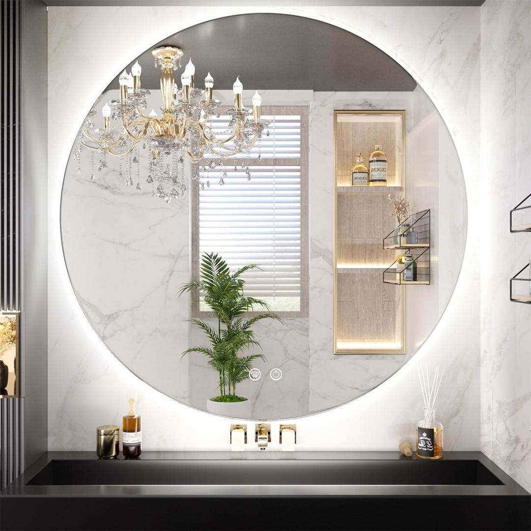 TETOTE 36 Inch Round Backlit Mirror for Bathroom,LED Round Lighted Circle Mirror with Lights Wall Mounted,3 Colors Dimmable,Anti-Fog, Waterproof (36"L x 36"W, Backlit 3 Color)