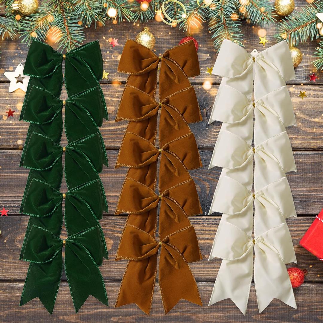 15 Pcs Velvet Bows for Christmas Tree - 6 Inch Vintage Velvet Ribbon Christmas Bows for Gift Wrapping Xmas Tree Topper Bow Ornaments for Garland Wreath Bows Decor (Cream,Dark Green,Brown)