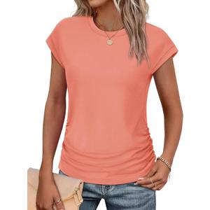 SAMPEEL Womens Summer Tops Trendy 2025 Ruched Cap Short Sleeve Tshirts Shirts Crew Neck T Shirts Fashion (X-Large, All Coral)