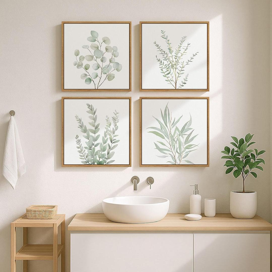 Framed Botanical Boho Wall Art, Set of 4 Piece Sage Green Plant Leaf Picture Artworks for Walls, Minimalist Canvas Painting Prints for Bathroom Washroom Living Room Bedroom Office Wall Decor, 12x12 In, White and Green