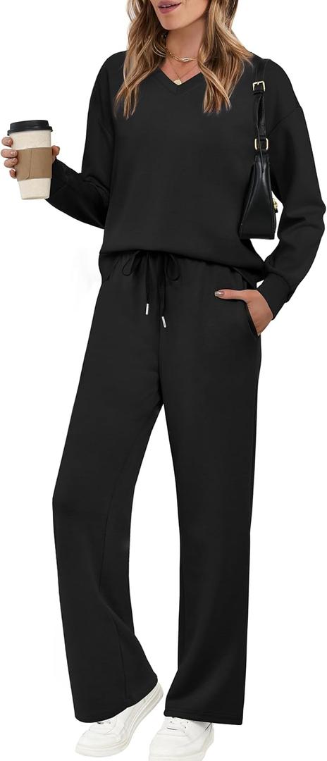 WIHOLL Lounge Sets for Women 2026 V Neck 2 Piece Outfits Airport Wide Leg Pants Matching Set Sweatsuits (Medium, 01 - Black)