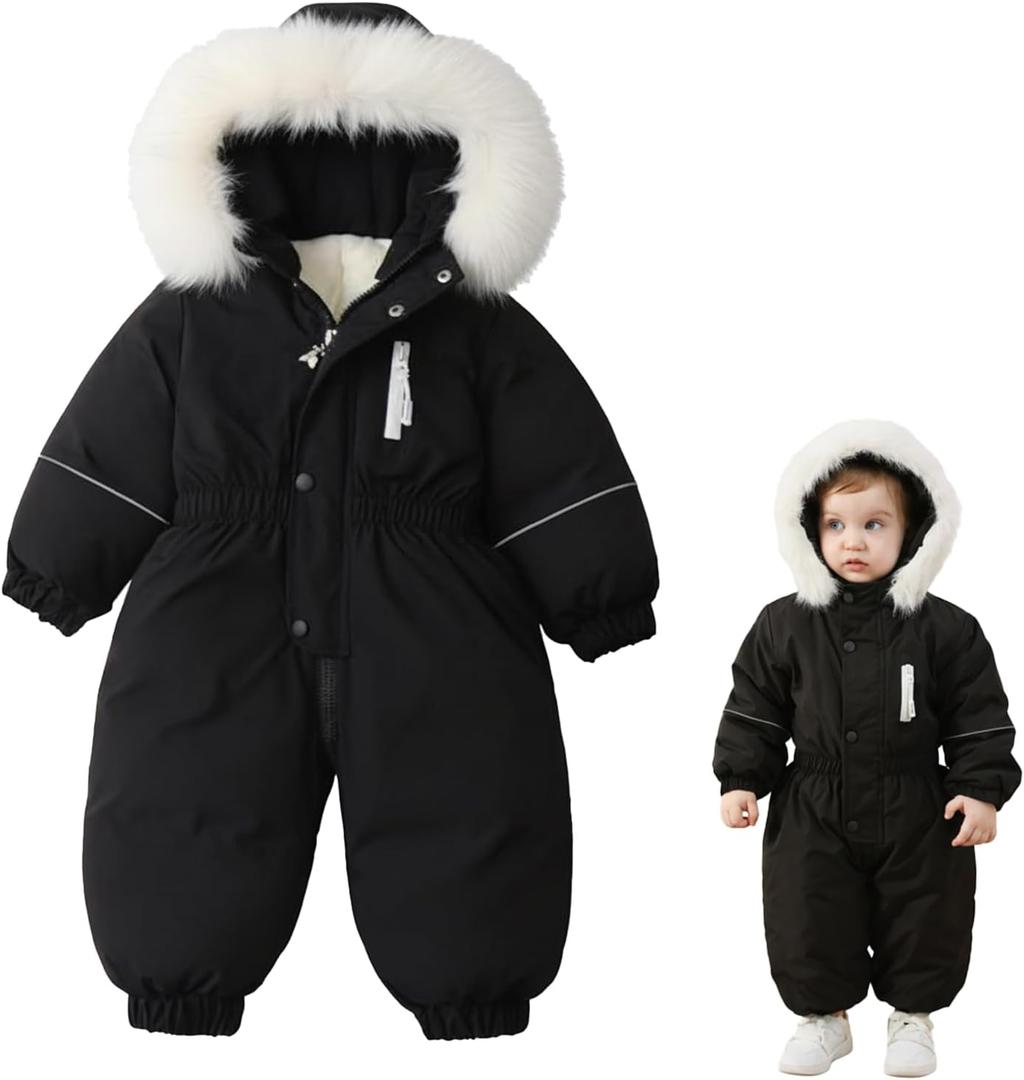 UVIPC Toddler Snowsuit 3T Kids Baby Boys Girls Snow Suits Winter Clothes Faux fur Hooded Jumpsuit Coat Outdoor (Black)