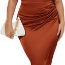 ZOMVA Plus Size Satin Dress 1X-4X Ruched Cowl Neck Spaghetti Strap Elegant Midi Dress Wedding Guest Cocktail Party (Rust Brown)